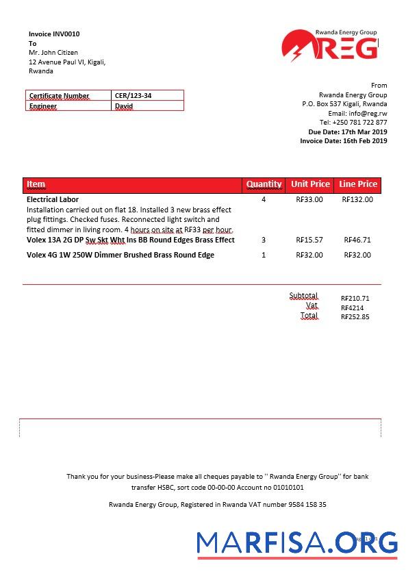 Realistic Rwanda Energy Group electricity bill in Word format real example